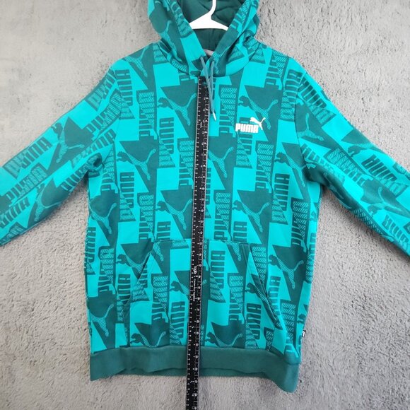 Puma Hoodie Men's Large Blue Allover Graphic Logo Pullover Fleece Sweatshirt - Picture 4 of 10